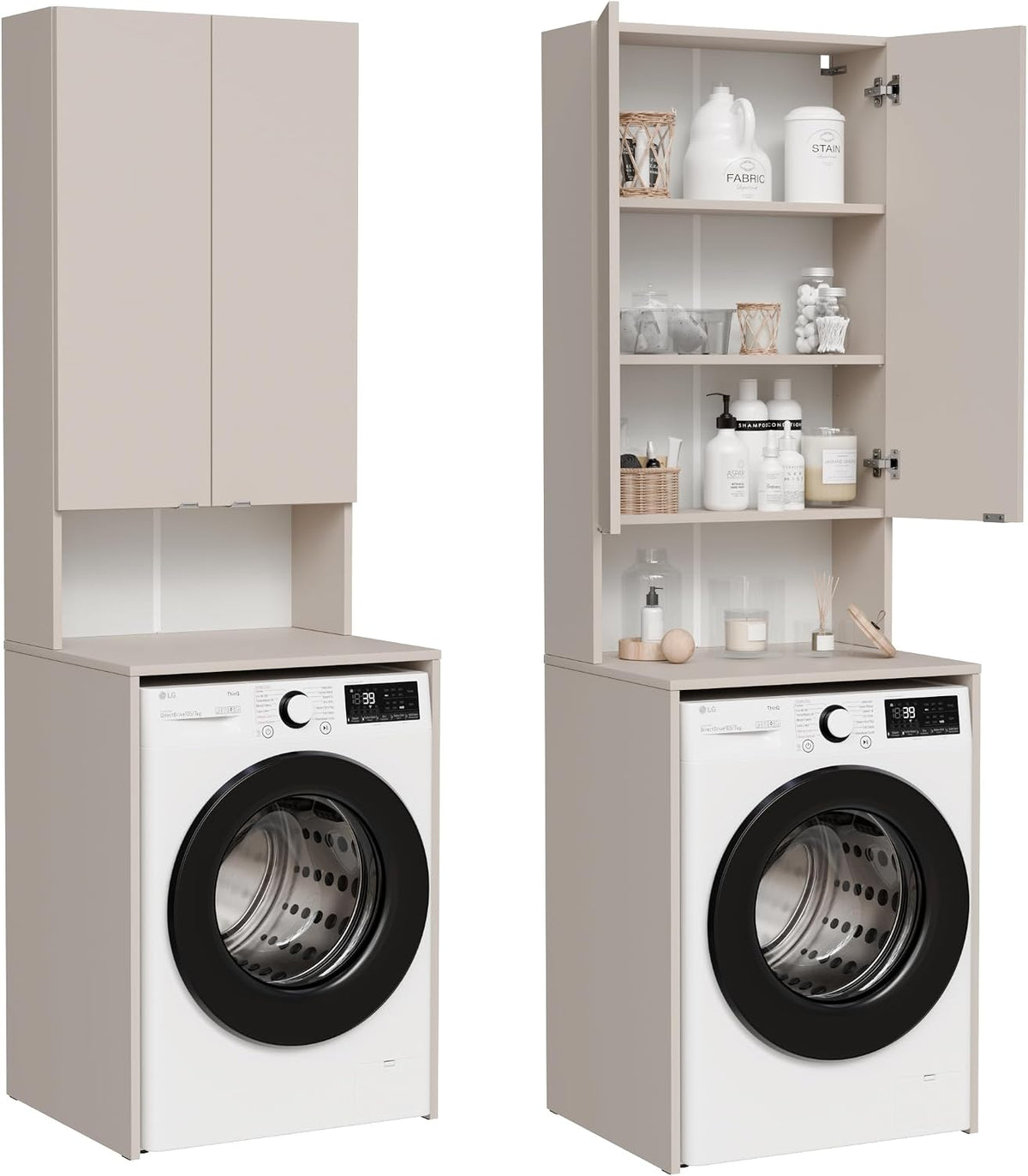 PLATAN ROOM, Waschmaschine, 56 cm, Weiss/Beige, nschrank Badezimmer Hochschrank Überbauschrank für und, tief)