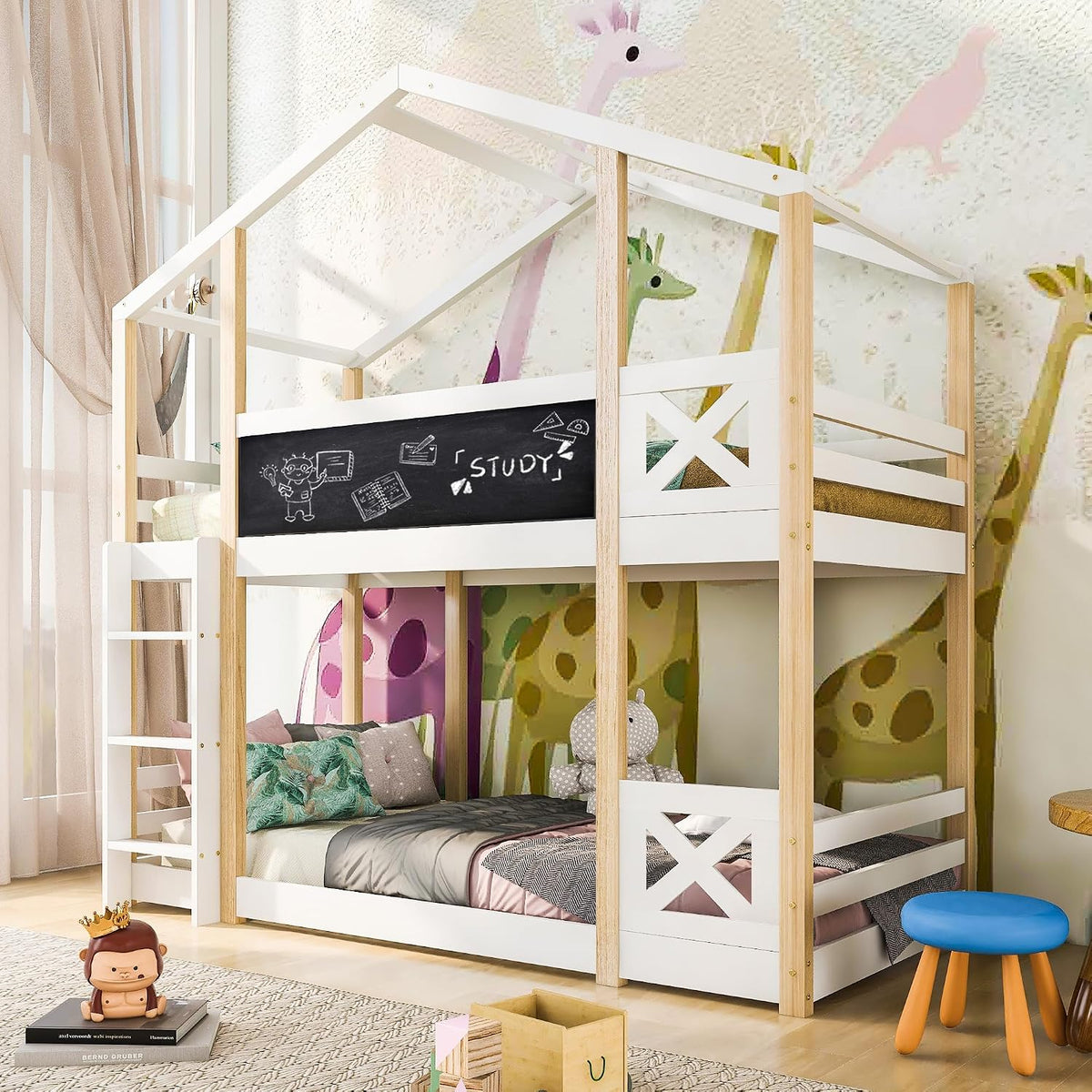 Mrwoo, Matratze, 90 x 200 cm, Natur/Weiss, Kinderbett Etagenbett Baumhaus-Design, Hochbett mit Leiter und Integriertes Malbrett