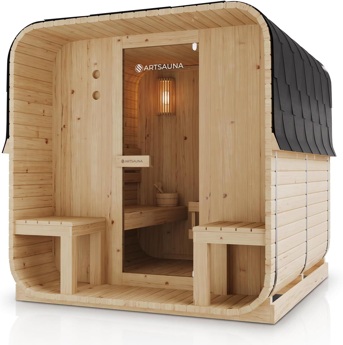 Artsauna, Gartensaunas, 8 kW, Beige/Braun, Fasssauna Nolvik XXL, Outdoor-Sauna aus Fichtenholz, Ofen, Komplettset mit Sanduhr