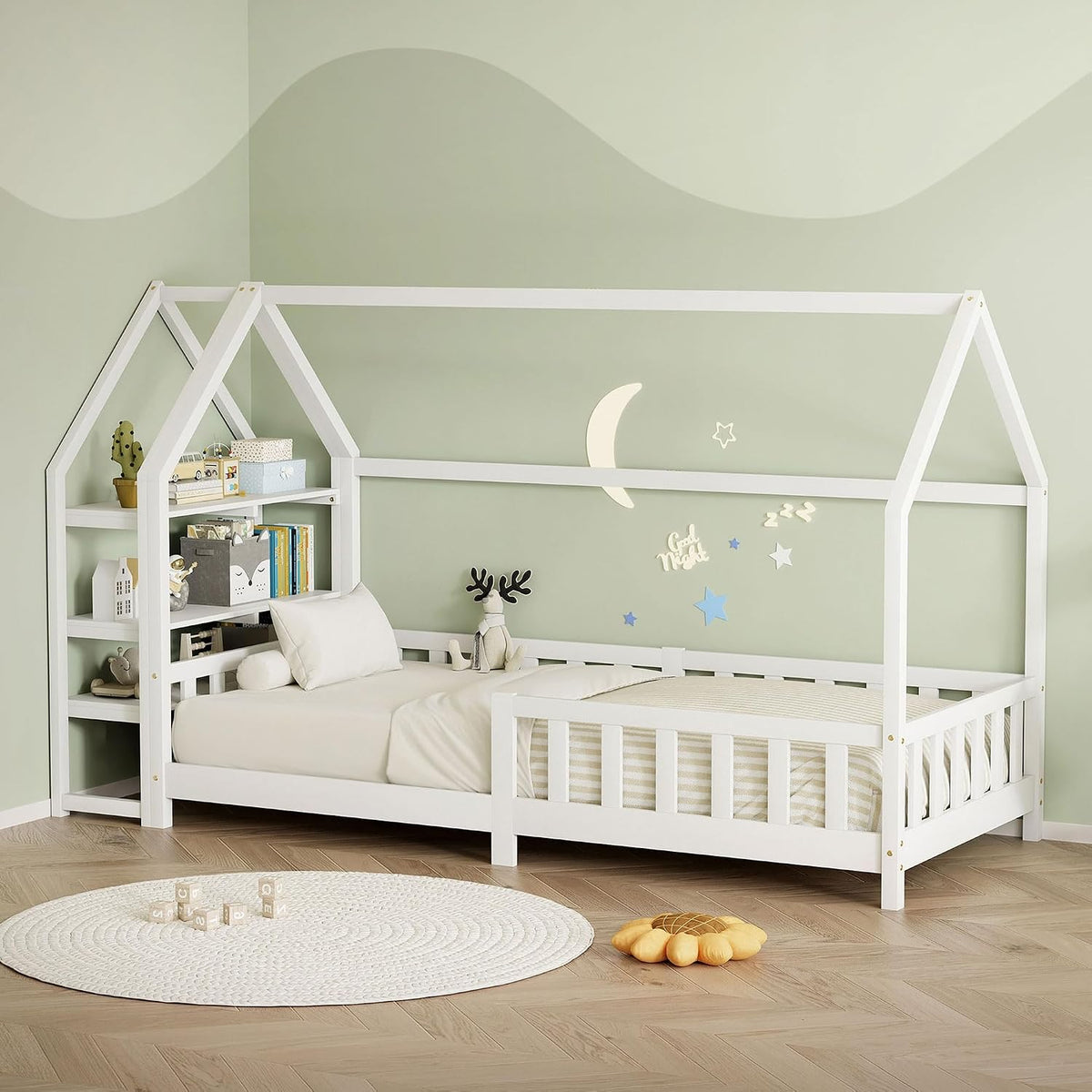 ML DESIGN modern living, Bett, 90x200 cm, Weiss, ML- Kinder Haus mit Rausfallschutz, Regal, Dach & Lattenrost, gestell aus Kiefernholz