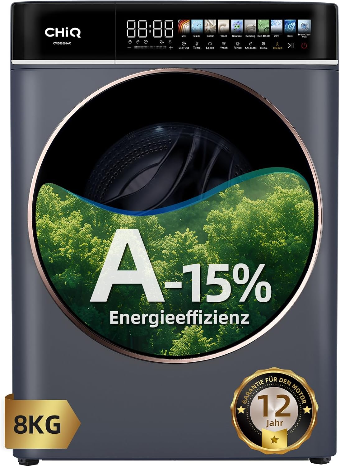 CHiQ, Waschmaschine, 8 kg, Grau/Schwarz, Frontlader, EEK A-15%, 1400 U / min