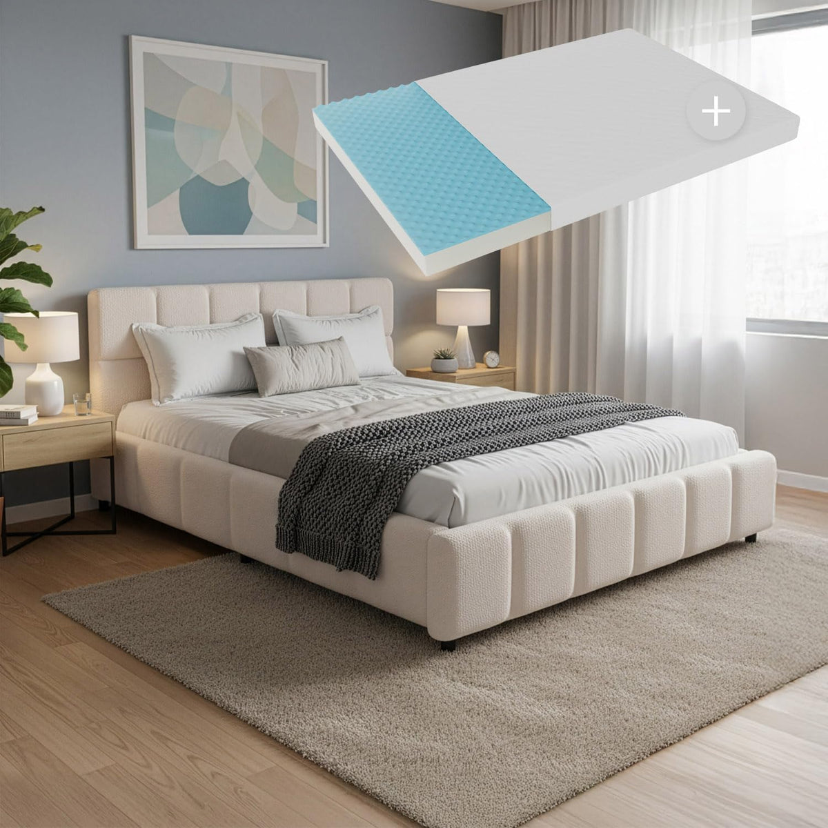 Juskys, Matratze, 140 x 200 cm, 500 kg, Creme, Polsterbett Florenz mit, Bouclé, modernes Bett mit Kopf- & Fussteil