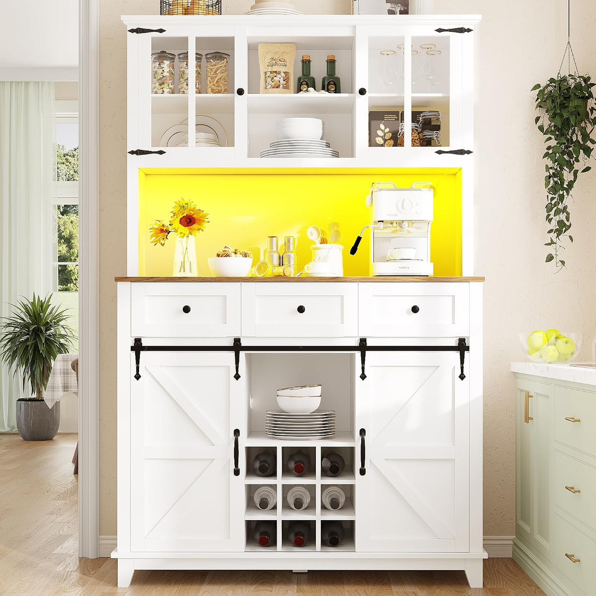 Merax, Buffetschrank, 105x38.4x180 cm, Weiss, Küchenschrank mit Arbeitsplatte, Hochschrank Küchenbuffet, mit LED-Beleuchtung
