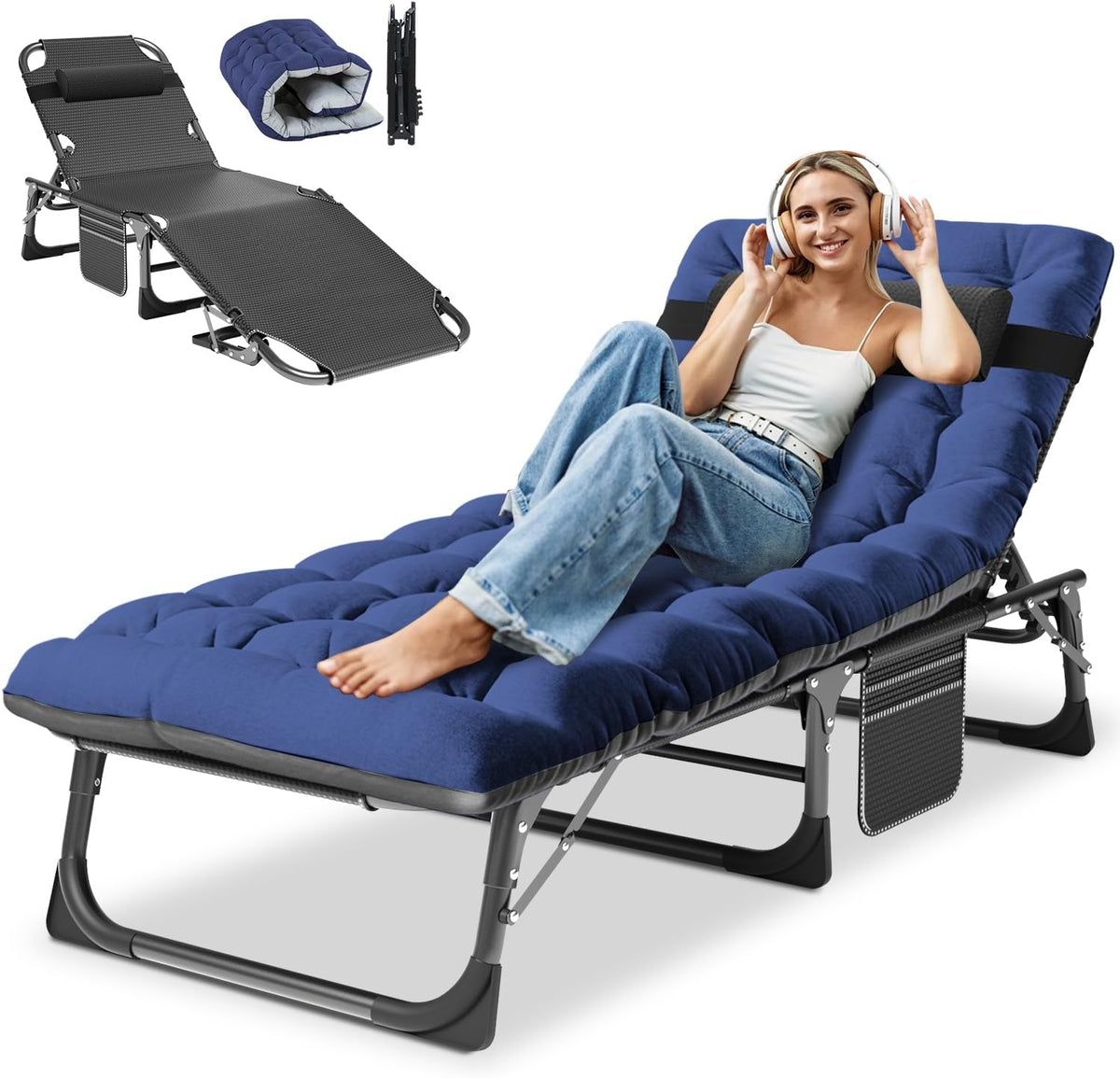 Obqer, Liegen, 200 kg, Grau/Blau, Klappbare Sonnen, Kapazität, Campingbett mit Kissen