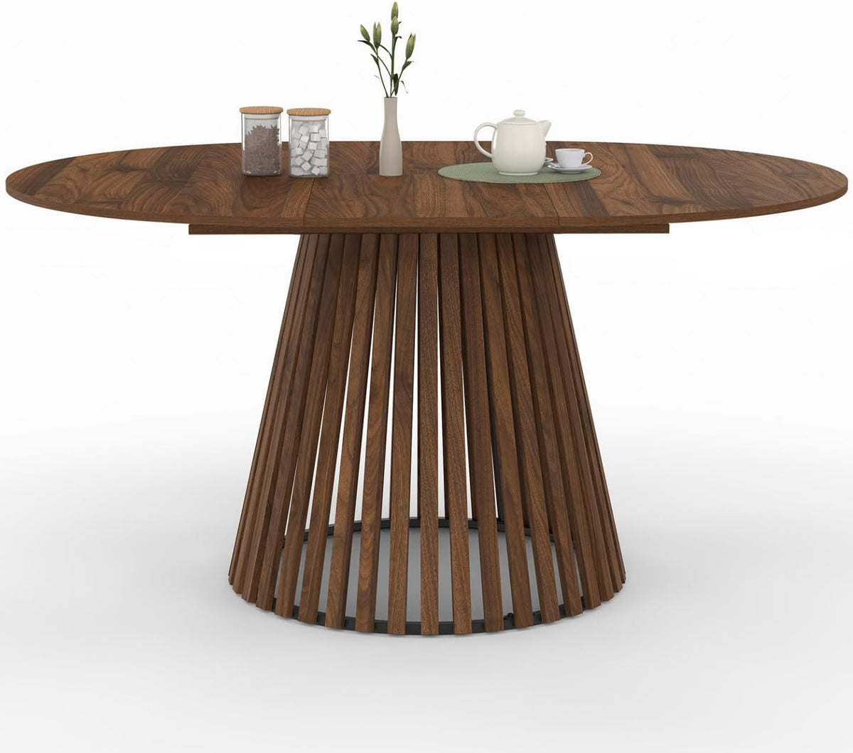 IDMarket, Esstisch, 150 cm, Walnuss, ausziehbar, rund, Carmen, 4-8 Personen, Fuss aus Nussbaum, Latten, Platte aus Nussbaum