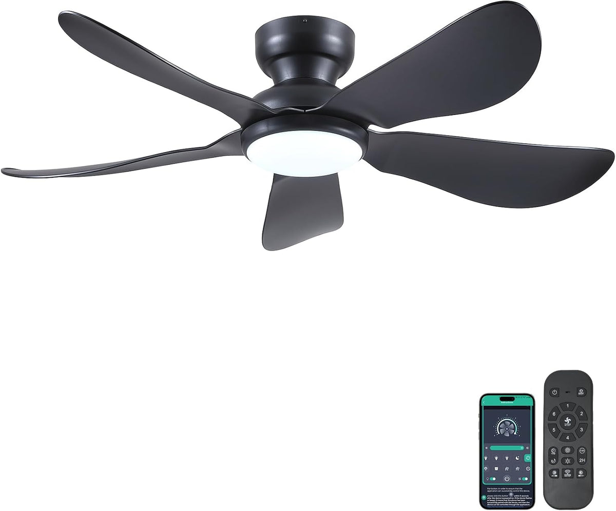 Kviflon, Deckenventilator, 117 cm, Schwarz, Moderner mit Licht, Fernbedienung / APP-Steuerung, 5 Umkehrbare Klingen