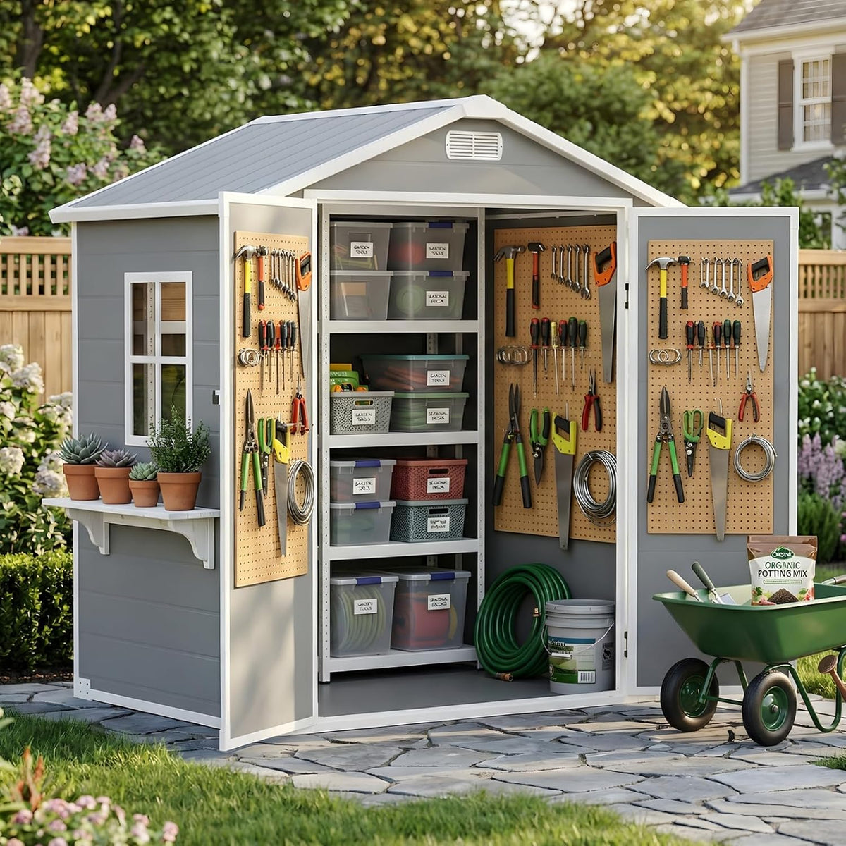 AIRAJ, Gerätehaus, Grau, 6x4FT Gartenhaus für den Aussenbereich, Mit Boden, Allwetter-Harzmaterial, Mit Fenstern und abschliessbaren Türen