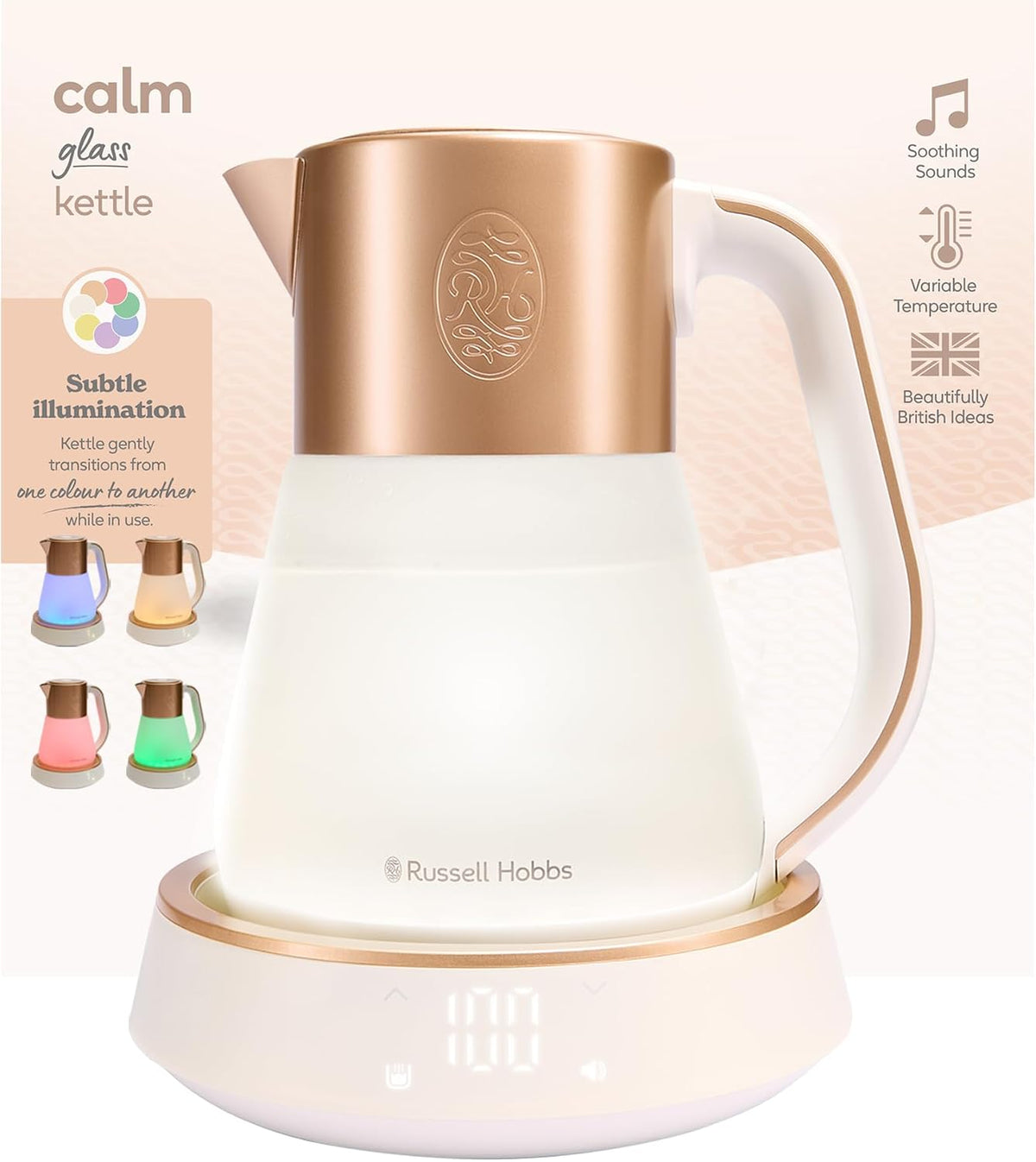 Russell Hobbs, Wasserkocher, 1,7 l, Weiss/Beige, Glas, Calm, Temperatureinstellung