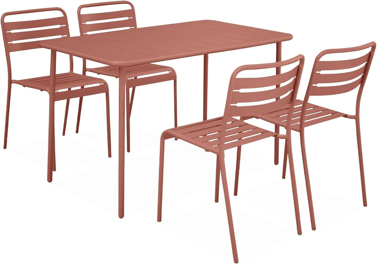 Alice's Garden, Esstisch, 5 cm, Rot/Weiss, sweeek - Gartentisch und 4 Stühle aus Stahl, 120x70xH72, - Amelia