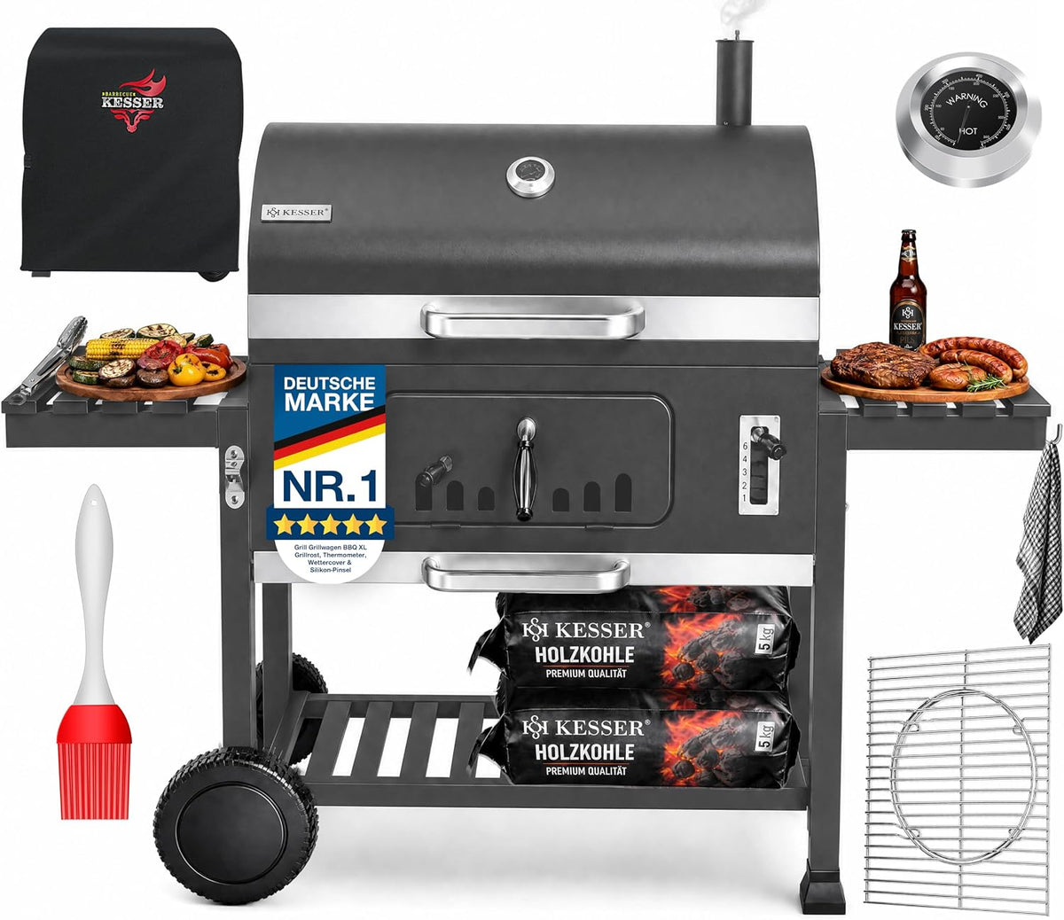 KESSER, Holzkohlegrill, Grau, ® XXL Grillwagen Set mit Deckel & Thermometer, grosser BBQ Kohlegrill Wagen, Smoker Grill mit Kamin & Lüftung