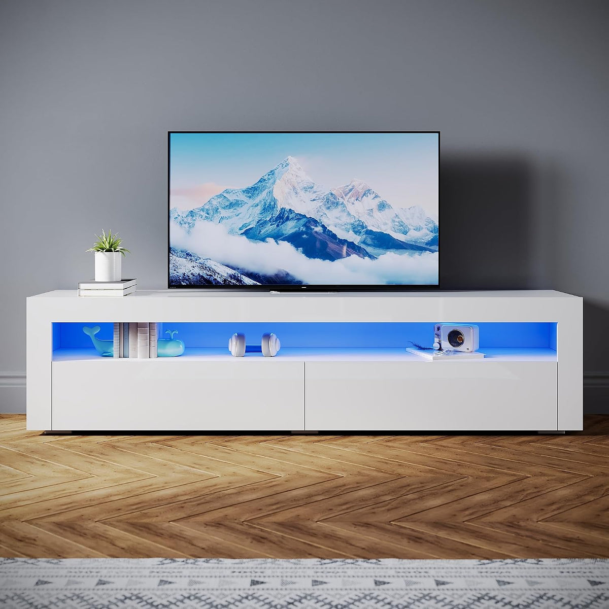 SONNI, Fernseher, 180x40x45 cm, Weiss, Lowboard mit LED (16 Farben), 2 Türen, Hochglanz