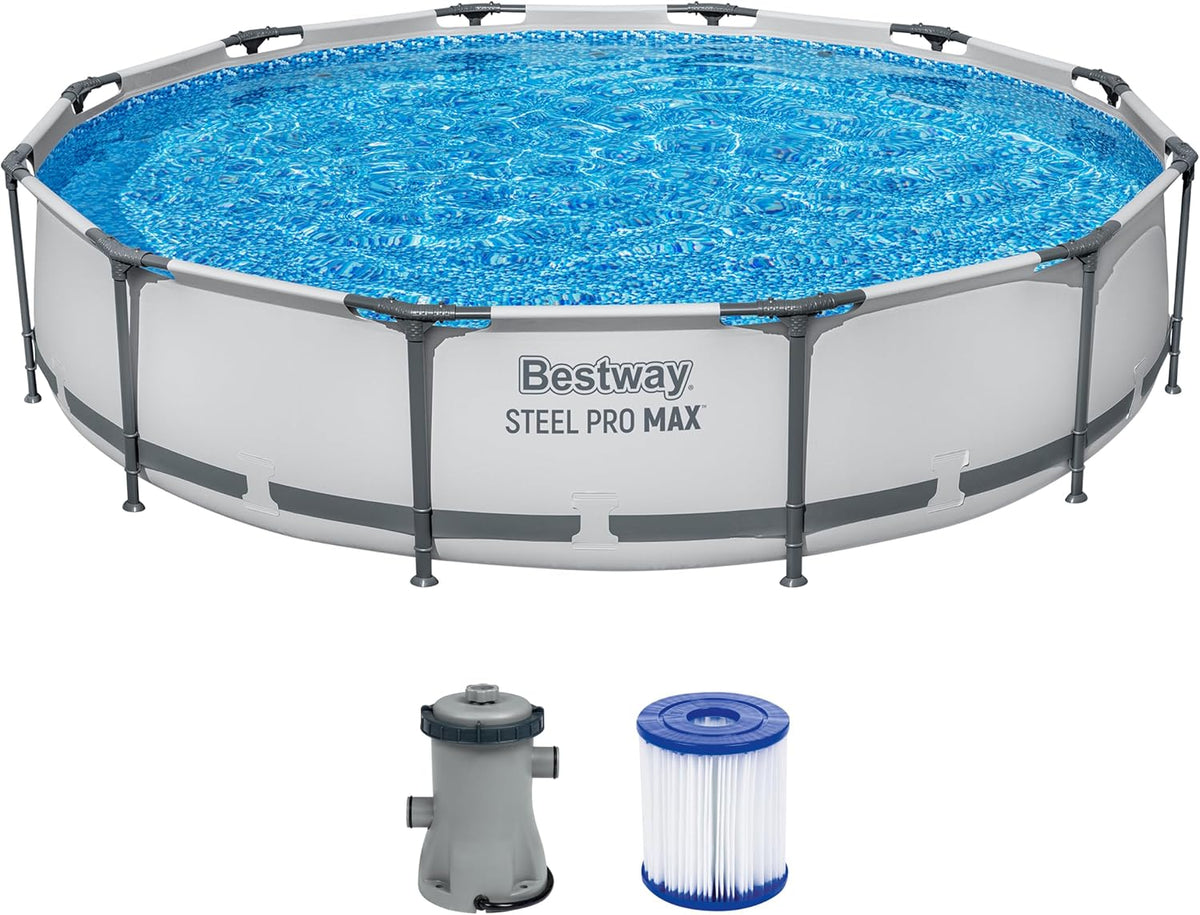 Bestway, Stahlrahmenpool, 366 x 76 cm, Grau/Blau, Steel Pro Max™ Frame Pool-Set, rund, mit Filterpumpe