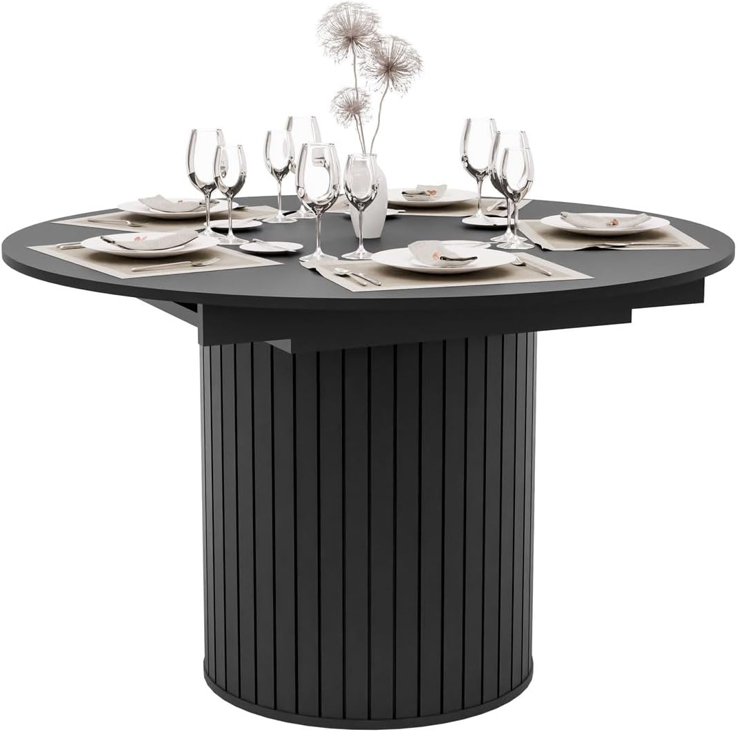 Lookway, Produkt, 160 cm, Schwarz, Esstisch Elodie 120, ausziehbarer Tisch mit gefräster runder Basis, modernes Design für Esszimmer & Wohnzimmer