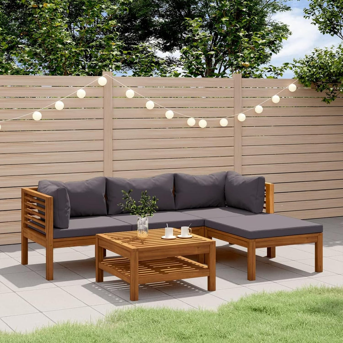 IKAYAA, Gartenmöbel-Set, Massives Akazienholz mit Ölfinish, Stoff (100% Polyester), Dunkelgrau
