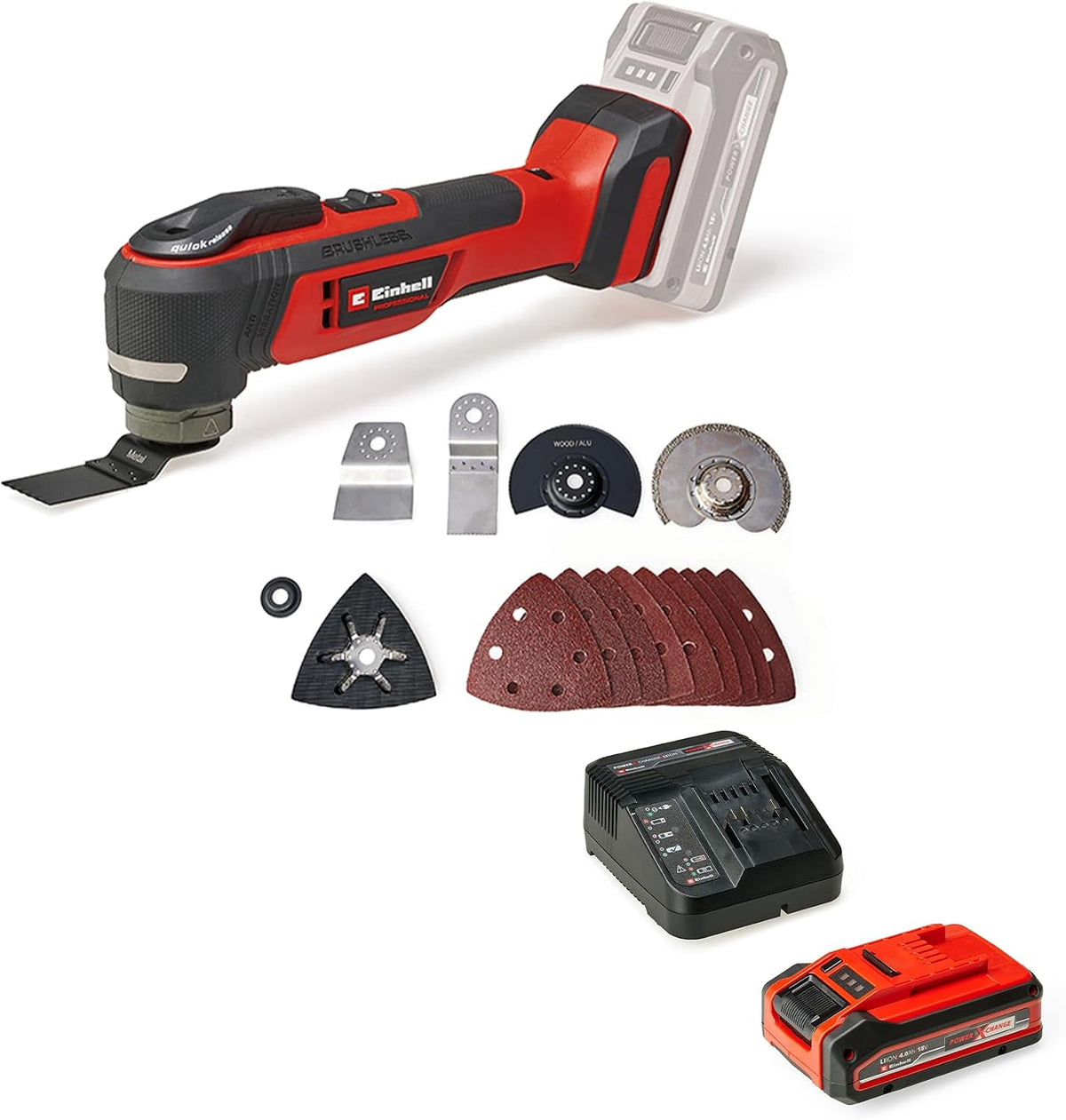 Einhell, Multifunktionswerkzeuge, 4,0 Ah, 18 V, Grau/Rot, Professional Akku-Multifunktionswerkzeug TP-MG 18 Li BL