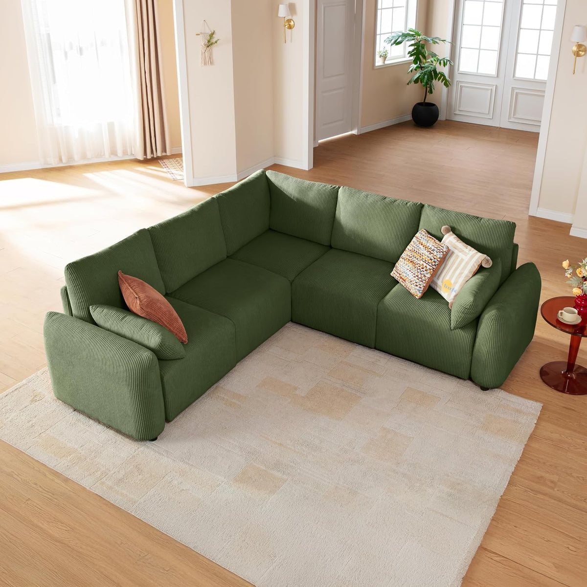 JINOVIA, Sofa, 245 cm, Grün, Modulares Eck, modernes Cord-Schlaf in L-Form, 5 Sitzer individuell konfigurierbare Wohnlandschaft