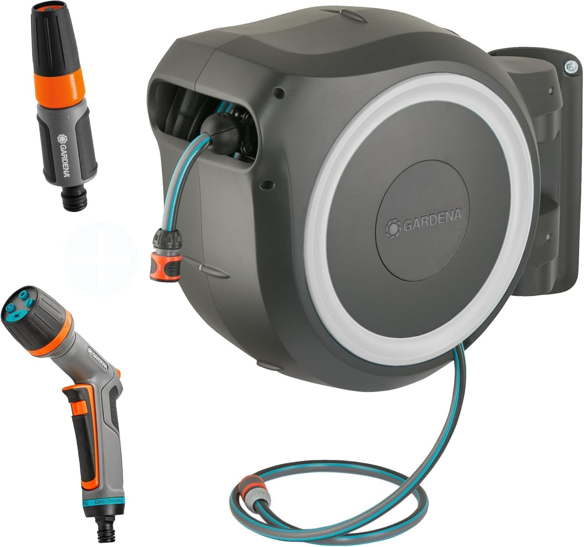 Gardena, Schlauchhalter & -wagen, 30 m, Weiss, Wand-Schlauchbox RollUp L exklusiv für Amazon:, integrierte Schlauchführung