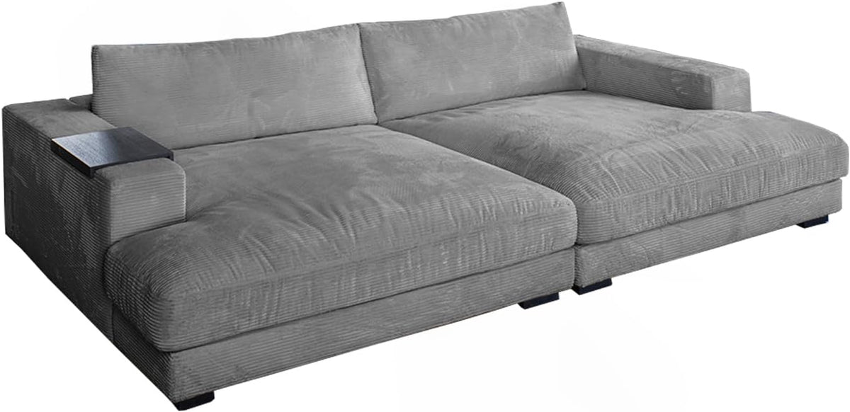Sofa, KAWOLA, Grau, Big Madeline - Mega mit Holztablett Armlehnen-Ablage, Lounge Couch in Cord, Wohnzimmer XXL
