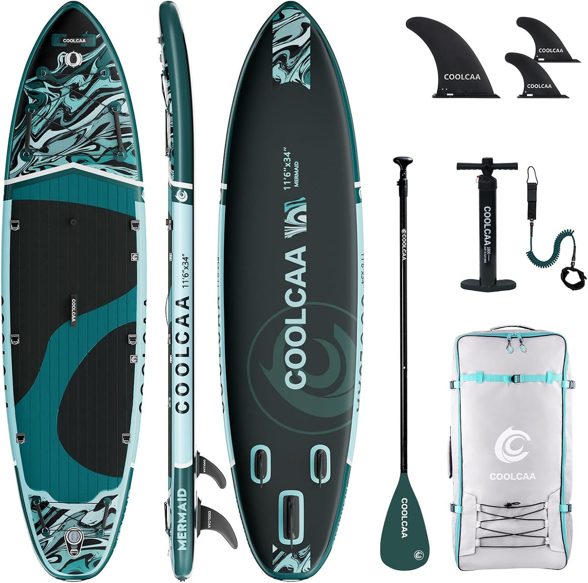 COOLCAA, SUP-Board, 210 kg, Türkis/Grau, 354cmx86cmx15 cm Stand-up-Paddle-Board mit Premium SUP, Tragkraft bis