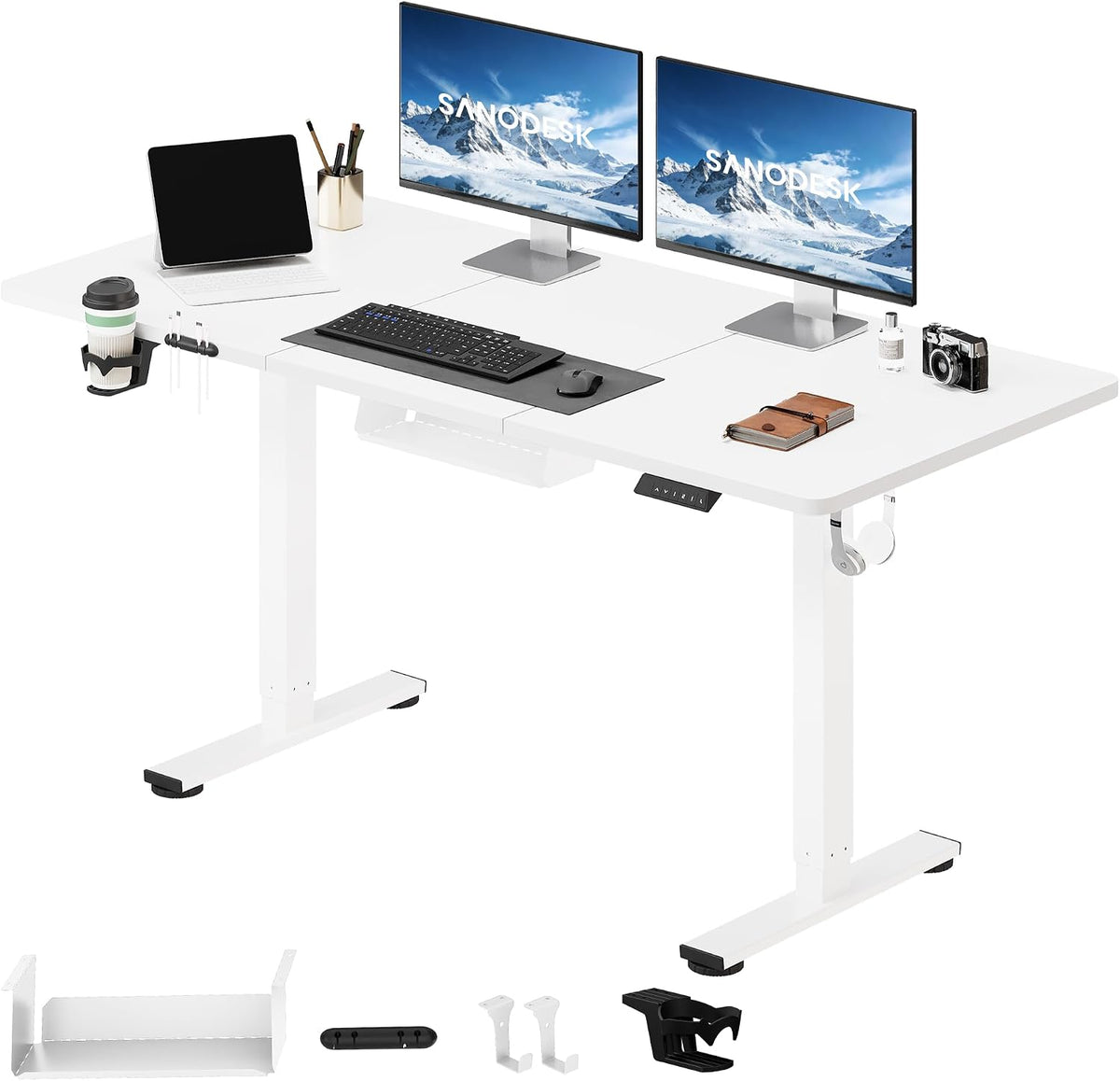 SANODESK, Schreibtisch, 140x60 cm, Weiss/Grau, Höhenverstellbarer elektrisch
