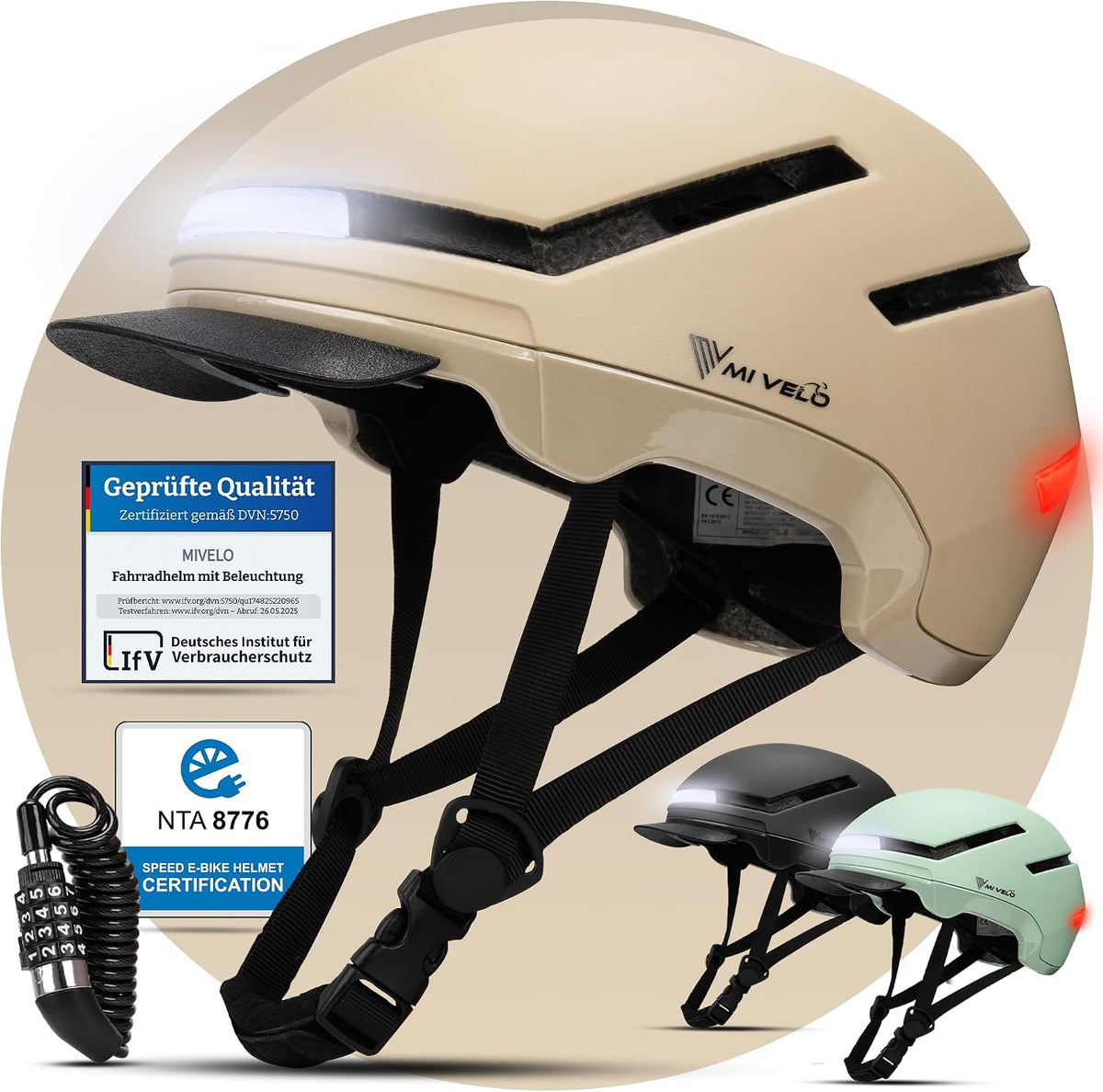 MIVELO, E-Bike, Beige/Grau, Fahrradhelm Damen Herren Erwachsene mit Licht inkl., NTA Zertifiziert bis 45km / h