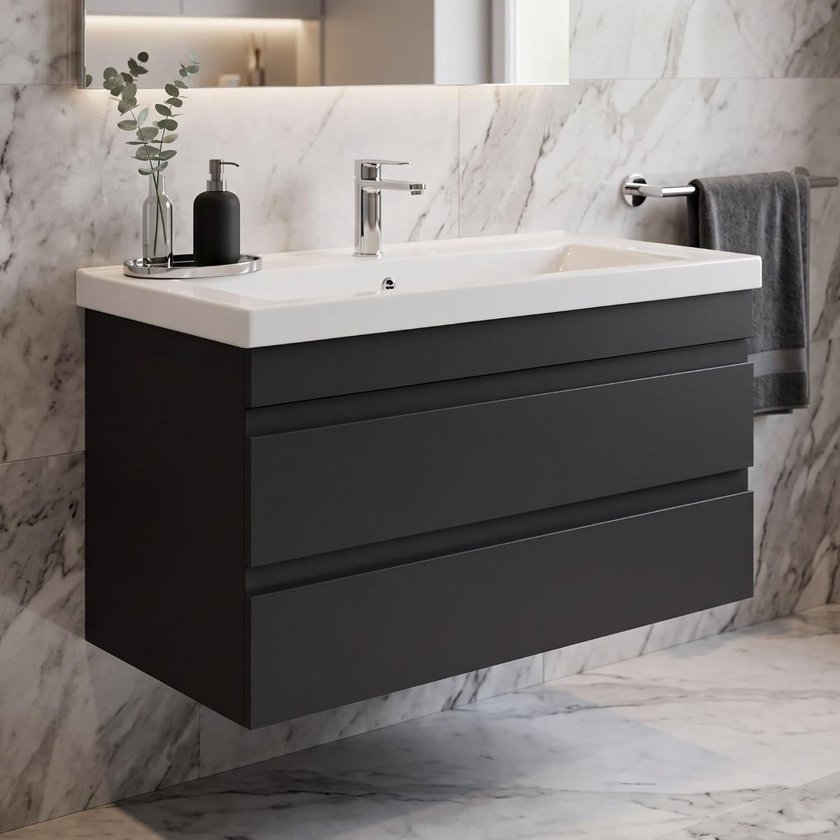 KAREN banyo, Waschplätze, 100 cm, Weiss/Anthrazit/Eiche, Waschtisch mit Unterschrank Lara, Keramik-Waschbecken