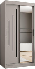 Kleiderschrank, MEBLE KRYSPOL, 100 cm, 200 cm, 62 cm, Grau, Schwebetürenschrank - mit Spiegel - Breit x (H) x (T)