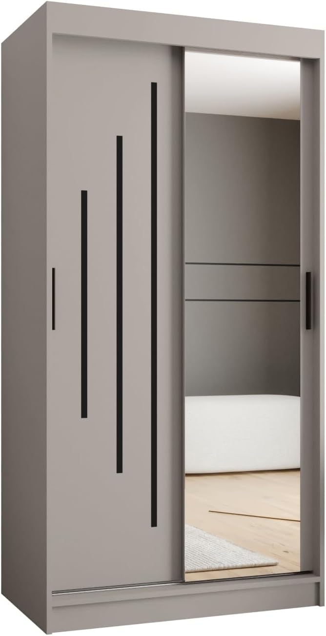 Kleiderschrank, MEBLE KRYSPOL, 100 cm, 200 cm, 62 cm, Grau, Schwebetürenschrank - mit Spiegel - Breit x (H) x (T)