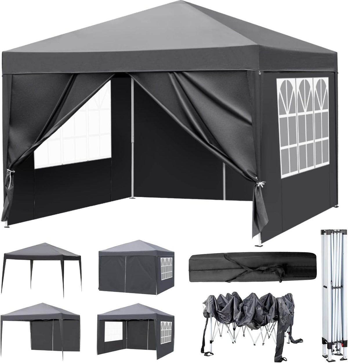LEADZM, Pavillon, Dunkelgrau, 3x3 m Garten Falt mit 4 Seitenteilen