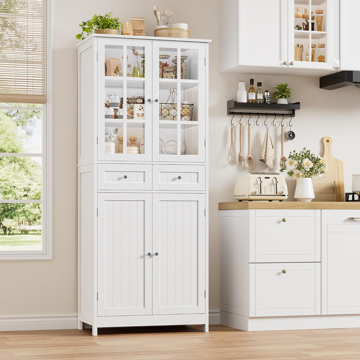 HOCSOK, Buffetschrank, 180 cm, Weiss, Küchenschrank, Vorratsschrank, 2 Glastüren