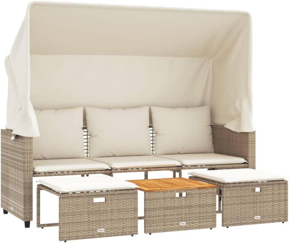 Sofa, vidaXL, Beige, Outdoor- 3-Sitzer mit Dach und Hockern Poly Rattan