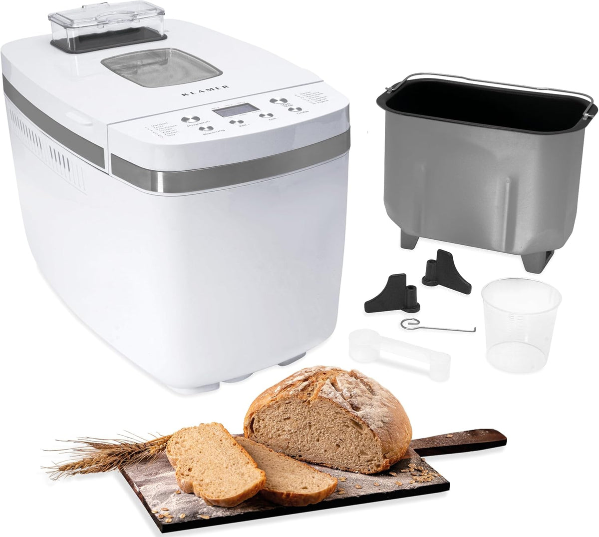 KLAMER, Brotbackautomaten, 100 W Kneten, 750 W Backen, Grau/Weiss, Brotbackautomat mit 14 Programmen, auch glutenfrei