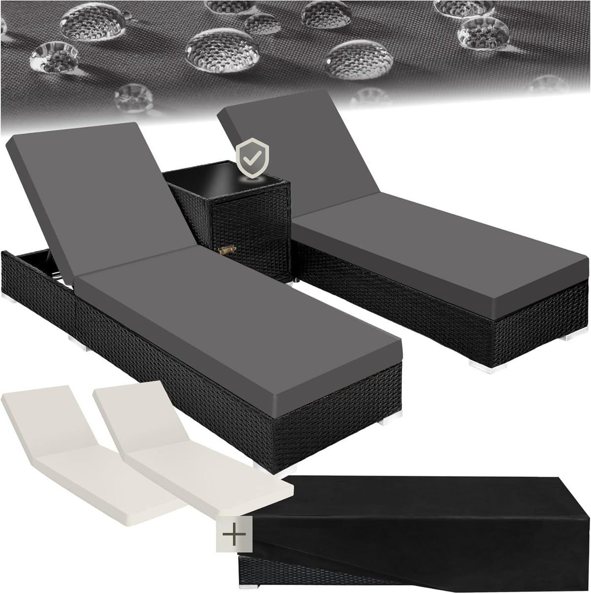 Gartenmöbel-Set, tectake, Schwarz, ® 2er Garten Lounge Sonnenliegen Set mit Tisch, Aluminium Gartenliege, Gartenlounge Outdoor