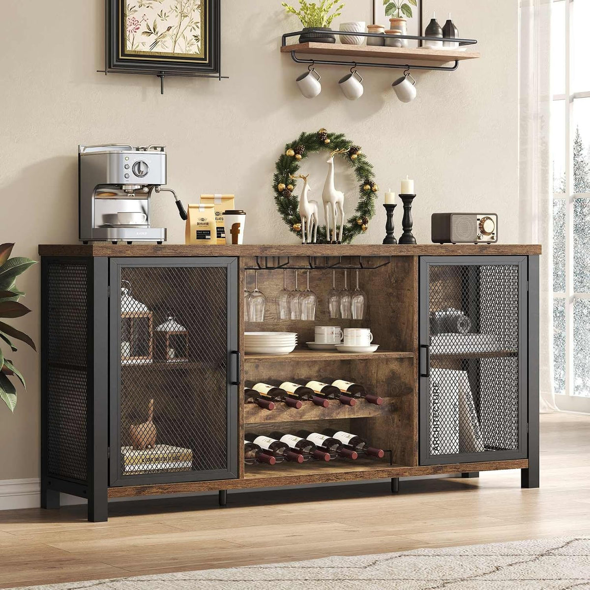 Launica, Barschränke, 140 cm, Braun, Rustikal er Weinschrank mit Weinregal für Esszimmer