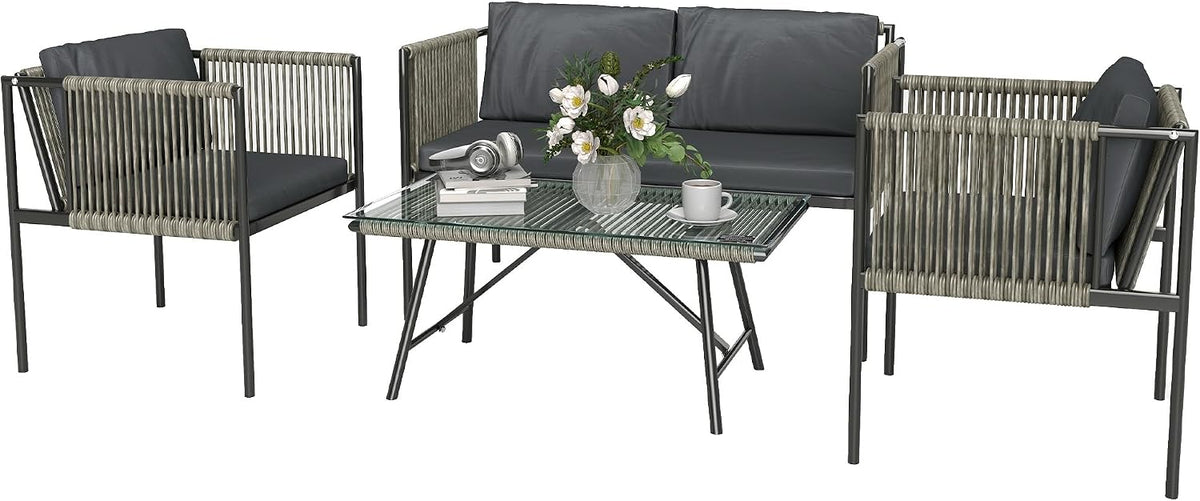 Sofa, Outsunny, Grau, Gartenmöbel Set aus Polyrattan mit 2er für 4 Personen
