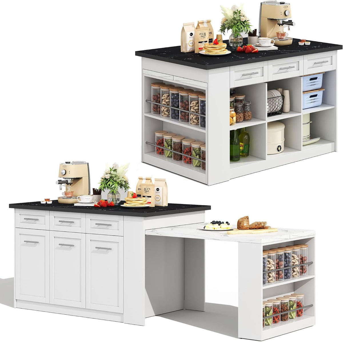 Henjda, Bewegliche Kücheninseln, 96 cm, Weiss/Schwarz, Multifunktionale Kücheninsel 150+, Freistehend Kitchen Island mit Weiss ausziehbarer Esstisch