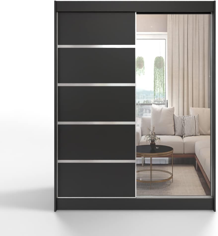 Kleiderschrank, ML Furniture Ltd, 150 x 200 x 58 cm, 150 cm, Schwarz, ML Schiebeschrank mit Spiegel, Schlafzimmer
