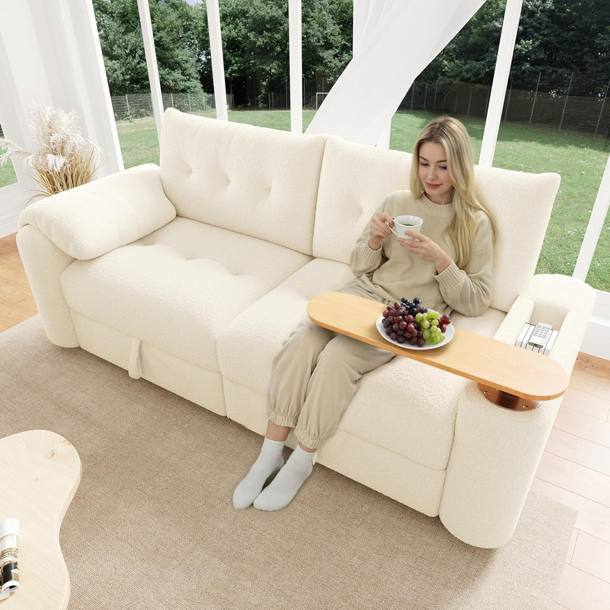 BTM, Sofa, Beige, Teddyplüsch 3-Sitzer Klein Chaiselongu mit Stauraum, Kopfstütze, Beistelltisch Schlafcouch für Wohnzimmer