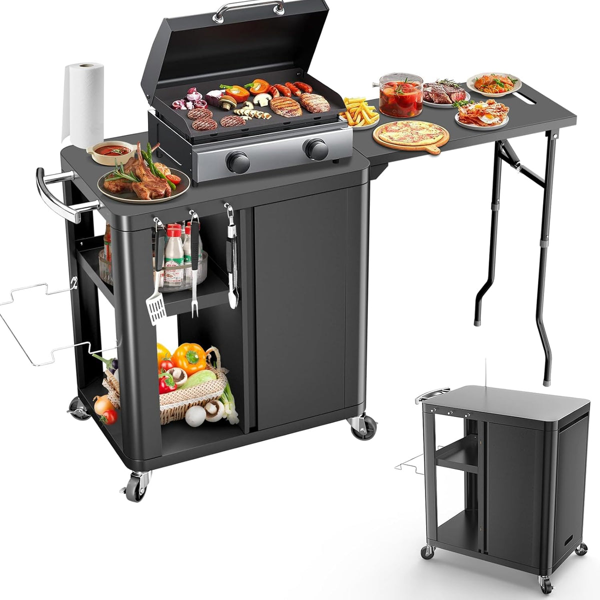 GFTIME, Beistelltisch, 143×37×89 cm, Grau, Grillwagen, Grillschrank mit klappbarer, Grilltisch Outdoorküche mit Haken