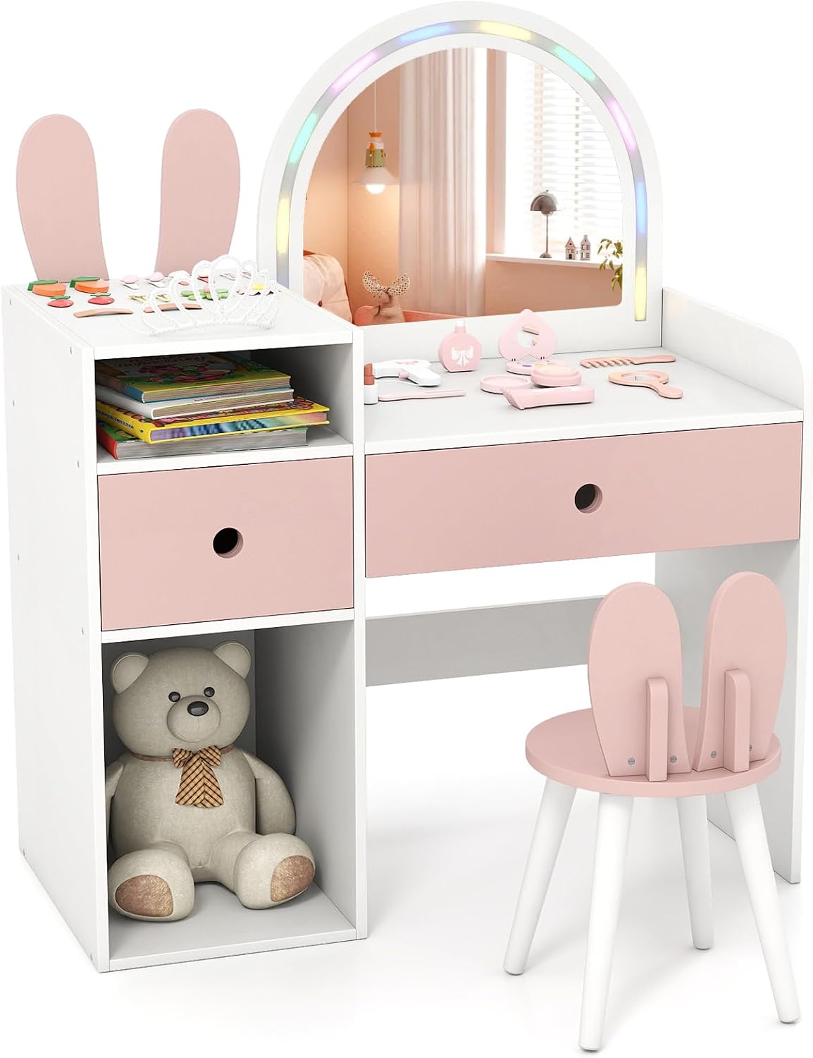 COSTWAY, Schminktisch, Weiss/Rosa, Kosmetiktisch, Kinder mit Beleuchtung, Frisiertisch mit bunten LED-Lichtern & Hocker